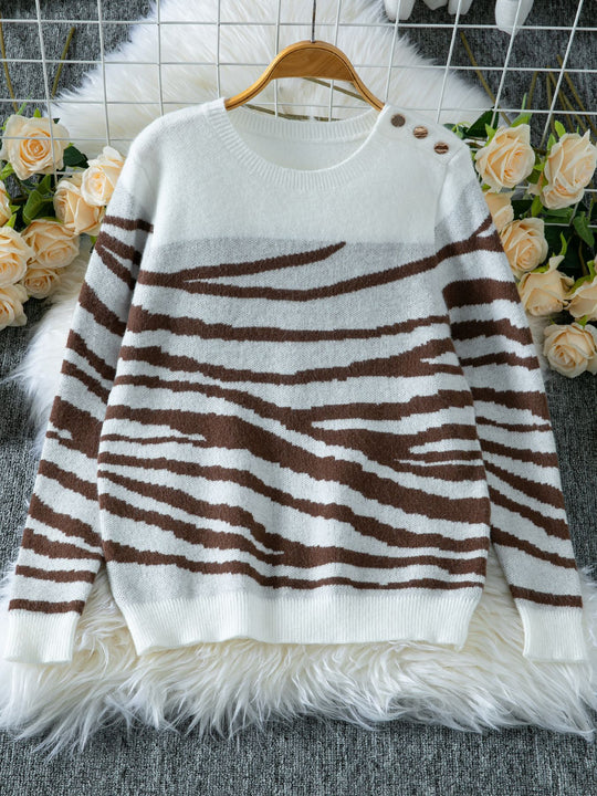 Damen gemütlicher Strickpullover mit modernem Zebrastreifen-Muster und komfortablem Schnitt EB