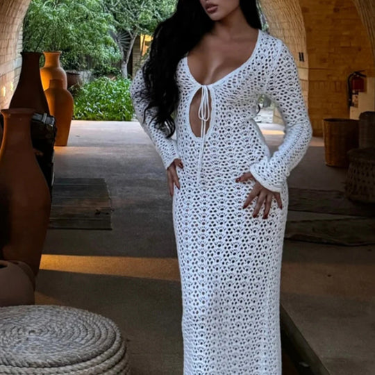 Damen luftiges Häkel-Strandkleid mit V-Ausschnitt und Schnüroptik EB