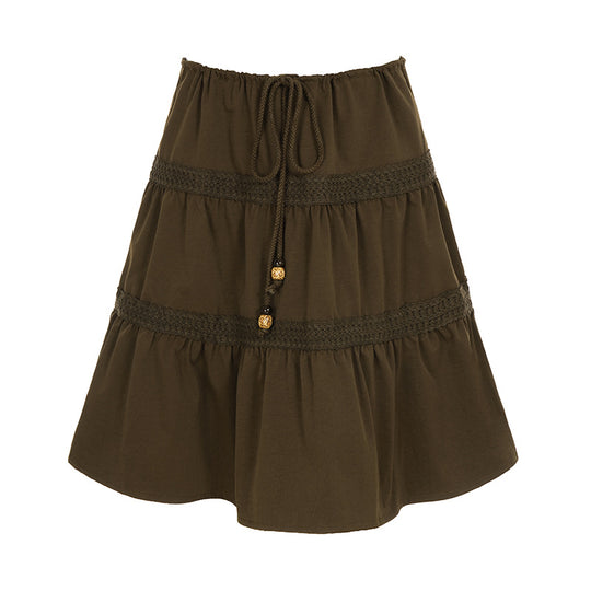 Damen nan gestufter Boho-Midirock mit elastischem Kordelbund und Häkelband-Details EB