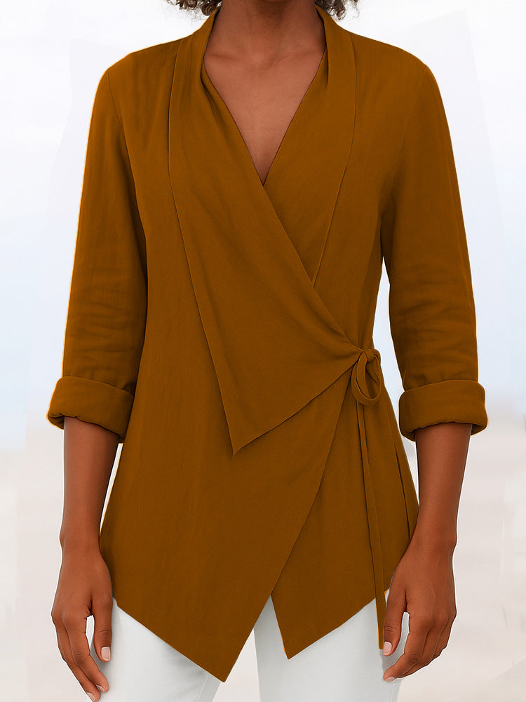 Damen Asymmetrische Wickelbluse mit Schalkragen und 3/4-Ärmeln EB
