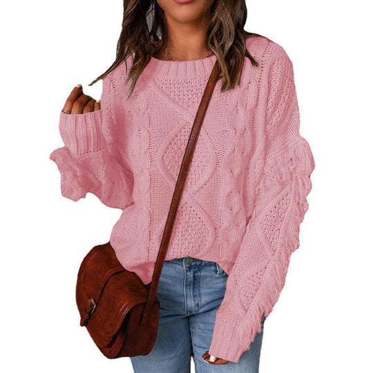 Damen Grobstrickpullover mit modischen Fransen und strukturiertem Design EB