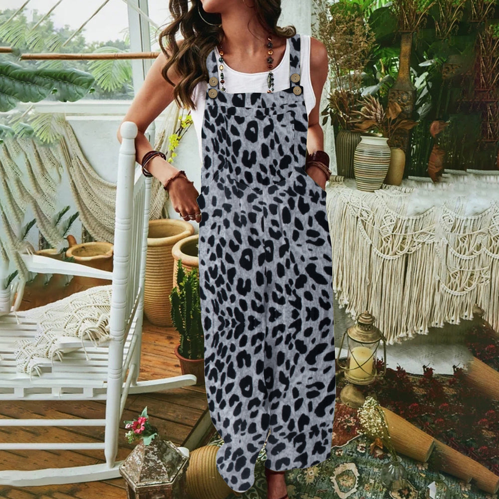 Damen lässiger Jumpsuit mit Tiermuster und praktischen Taschen EB