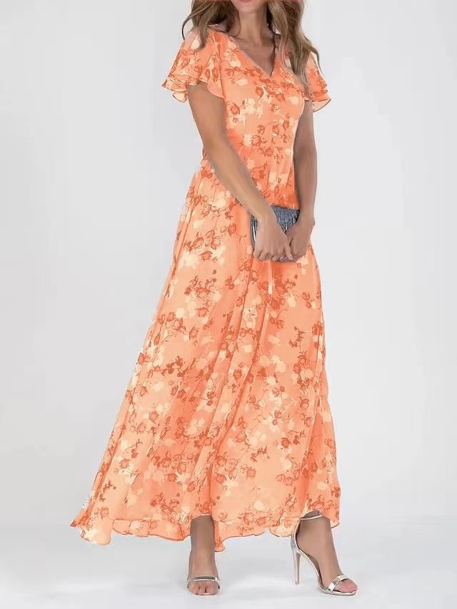 Damen Maxikleid mit floralem Chiffon-Stoff und transparenten Ärmeln EB