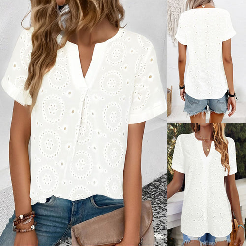 Damen Bluse mit floralen Lochstickereien und V-Ausschnitt EB