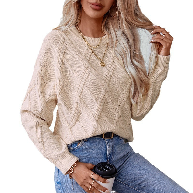 Damen nan grobstrukturierter Strickpullover mit großem Rautenmuster, geripptem Saum und Rundhalsausschnitt EB