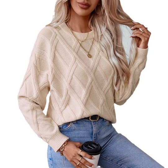 Damen nan grobstrukturierter Strickpullover mit großem Rautenmuster, geripptem Saum und Rundhalsausschnitt EB