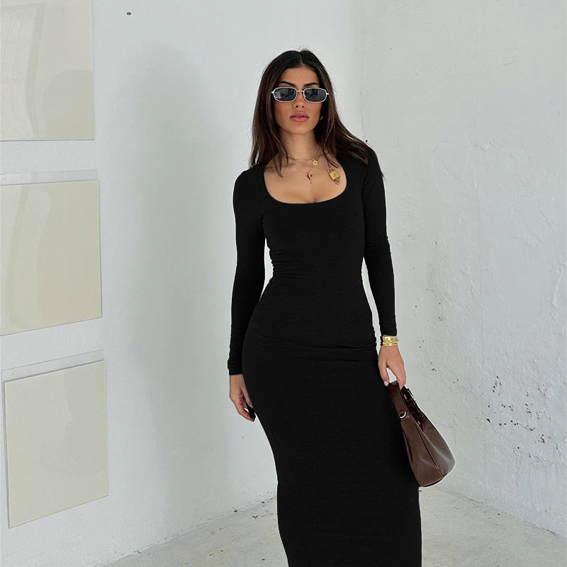 Damen Figurbetontes Stretch-Jerseykleid mit tiefem U-Boot-Ausschnitt und langen Ärmeln EB
