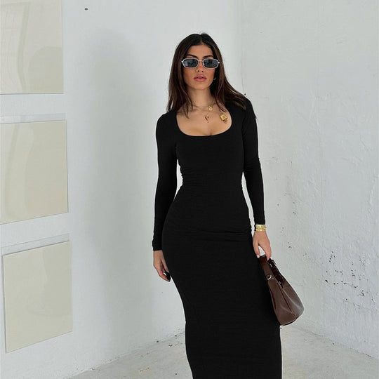 Damen Figurbetontes Stretch-Jerseykleid mit tiefem U-Boot-Ausschnitt und langen Ärmeln EB