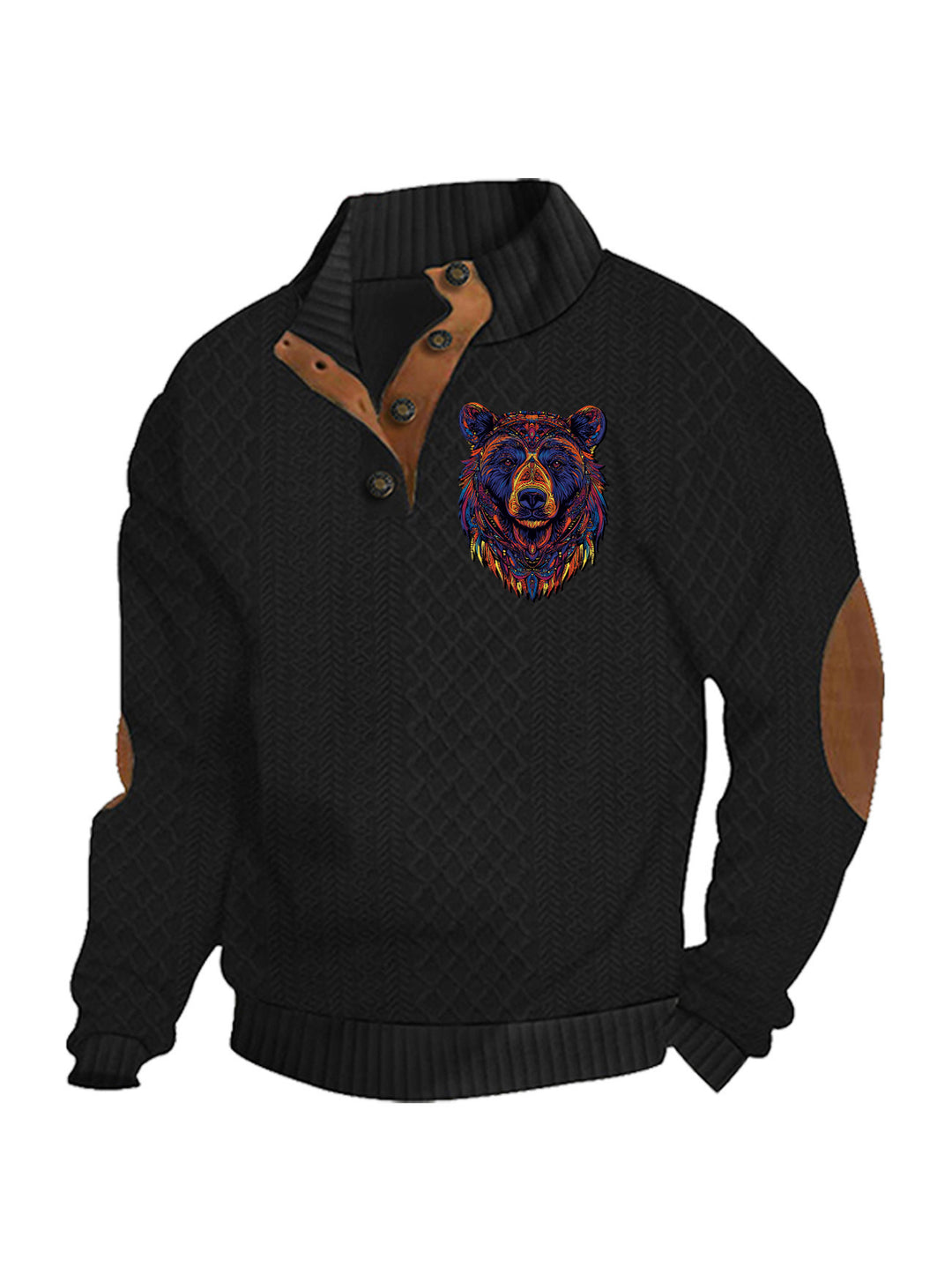 Herren nan Heritage-Strukturpullover mit Stehkragen Lederimitat-Besatz Ellenbogen-Patches und Halbknopfleiste EB