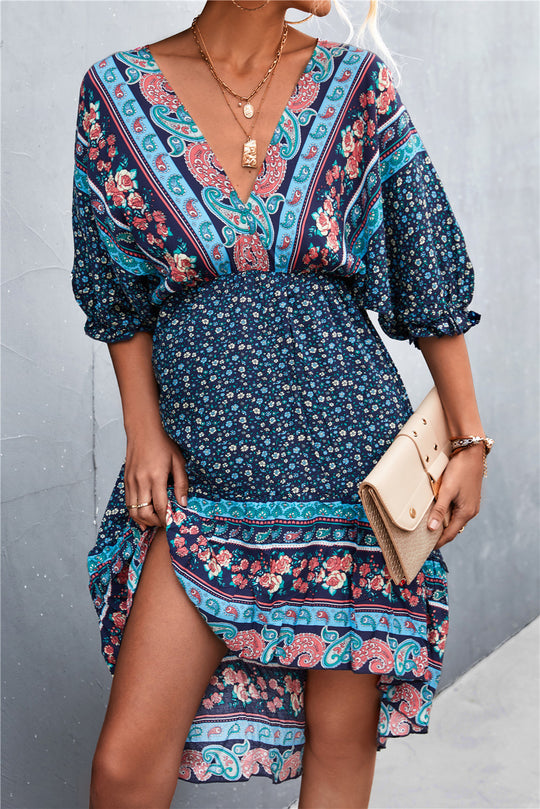 Damen Langarmkleid mit boho-inspiriertem Druck und elastischem Bund EB