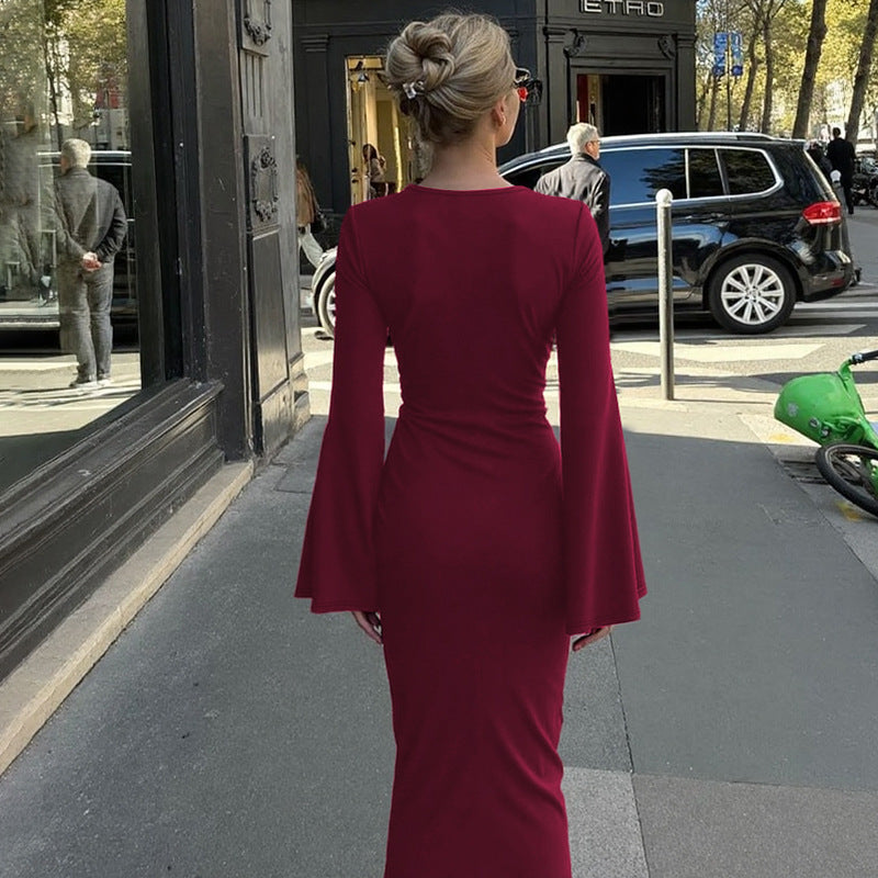 Damen Elegantes Maxikleid mit geschwungenem Saum und lässigen Fledermausärmeln EB
