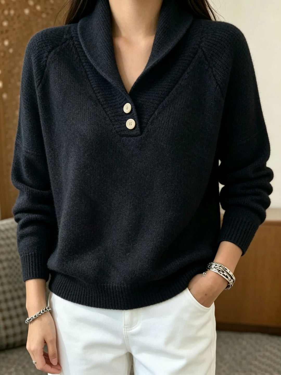 Damen Weicher Schalkragen‑Pullover mit halber Knopfleiste und Raglanärmeln EB