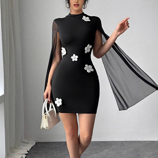 Damen figurbetontes Kleid mit transparenter Umarmung und Blumenapplikationen EB