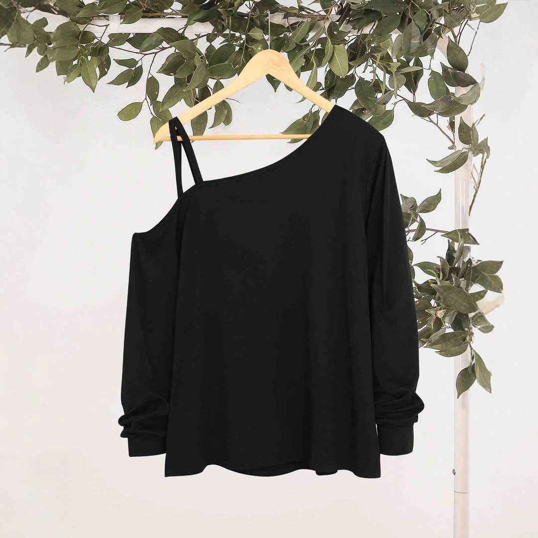 Damen nan lässiges One-Shoulder Sweatshirt mit Zierträgern und Vintage College-Print EB