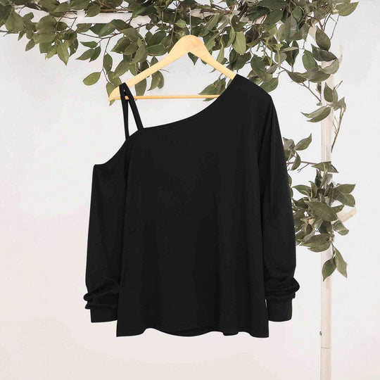 Damen nan lässiges One-Shoulder Sweatshirt mit Zierträgern und Vintage College-Print EB