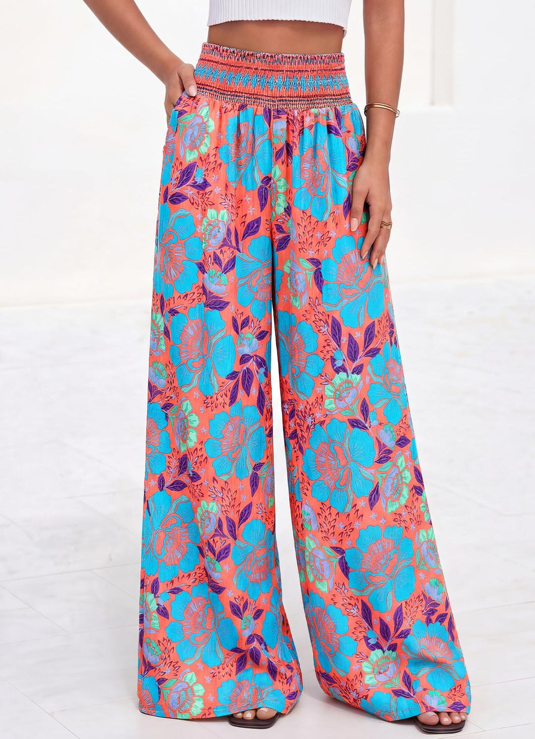 Damen luftige Palazzo-Hose mit floralen Mustern und elastischem Bund EB