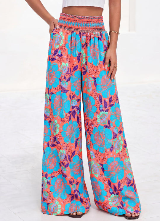 Damen luftige Palazzo-Hose mit floralen Mustern und elastischem Bund EB
