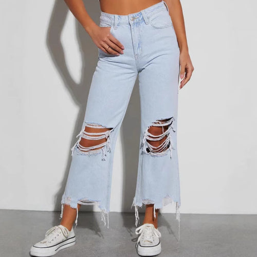 Damen Mom Jeans mit ausgefranstem Saum und Rippen-Details EB