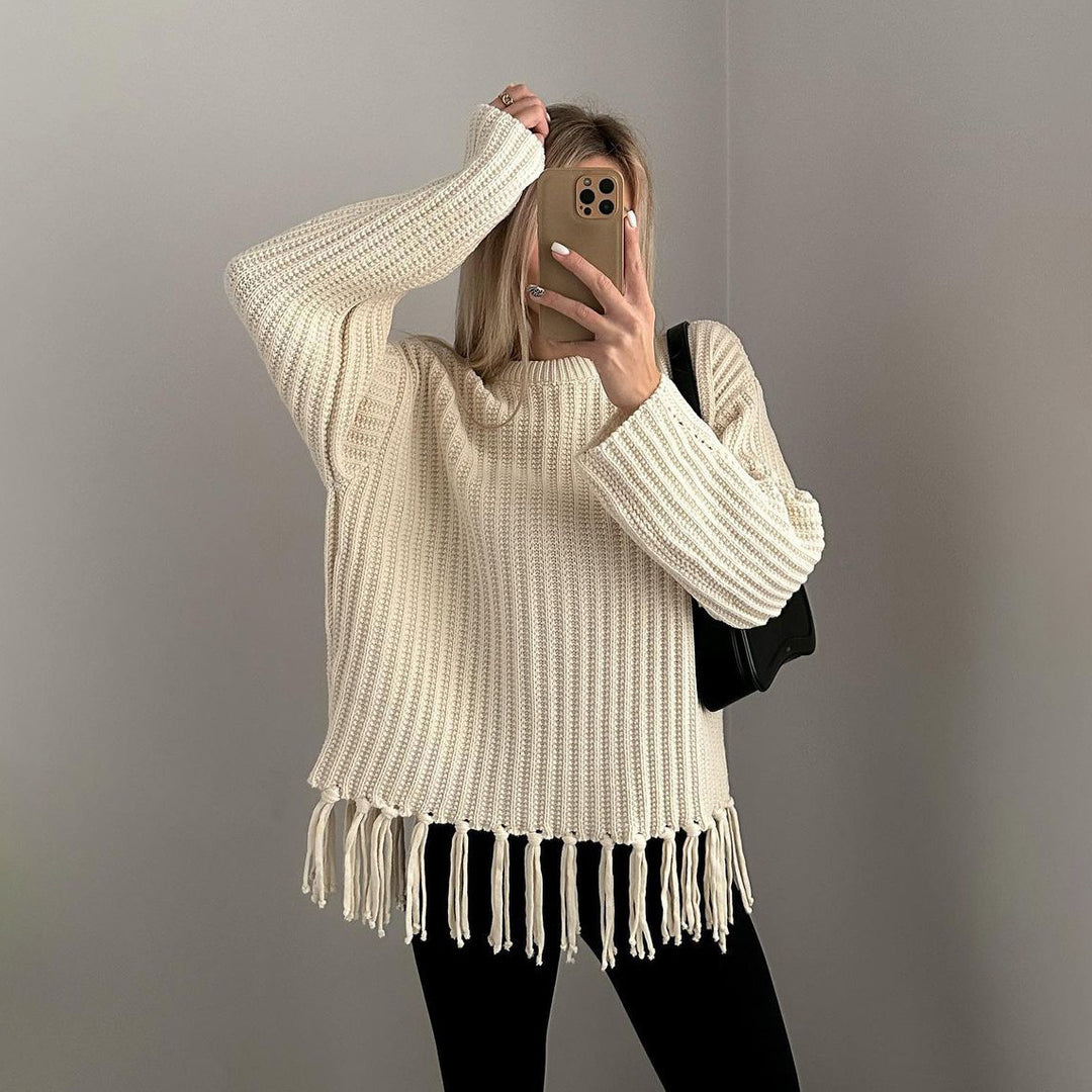 Damen lässiger Rippstrick-Pullover mit Fransen-Saum und Oversize-Silhouette Eichborn Berlin