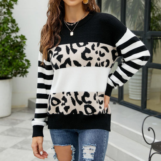 Damen modischer Pullover mit auffälligem Leopardenmuster und gestreiften Ärmeln EB