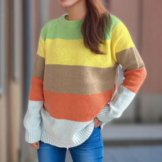 Damen lässiger Strickpullover mit bunten Blockstreifen und weitem Schnitt EB