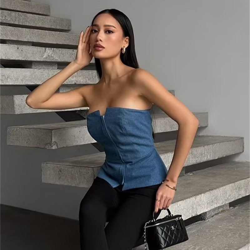 Damen ärmelloser Denim-Top mit Reißverschluss EB