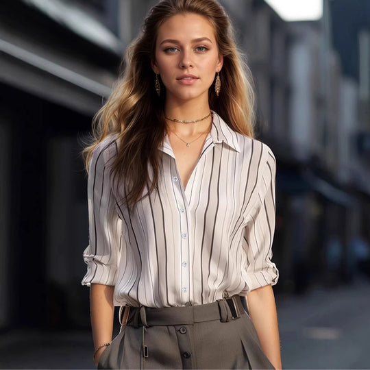 Damen Langarm-Bluse mit feinen Streifen und klassischem Kragen EB