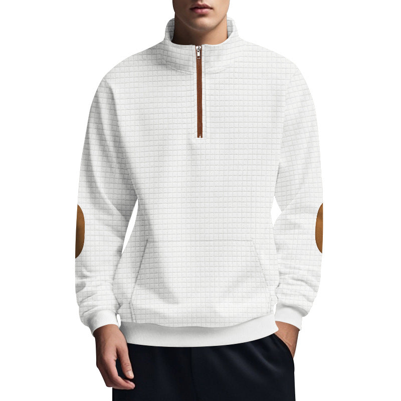 Herren nan gestepptes Halfzip-Sweatshirt mit Stehkragen, Kängurutasche und Kunstleder-Ellenbogenpatches EB
