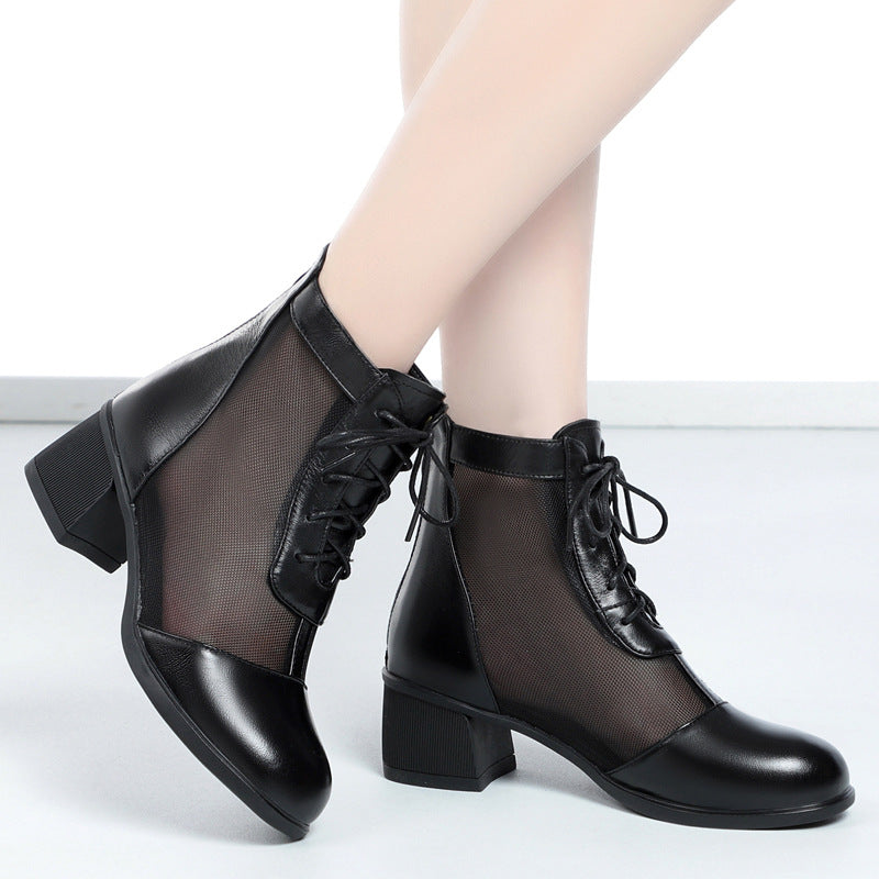Damen Elegante Schnürstiefeletten mit atmungsaktiver Netzstruktur und komfortablem Blockabsatz EB