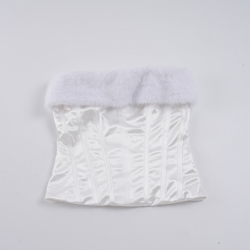 Damen-Corsage mit elegantem Pelzkragen und figurbetonendem Design EB