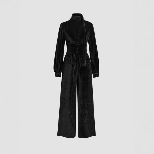 Damen eleganter Samt-Jumpsuit mit schickem Kragen und weitem Bein EB