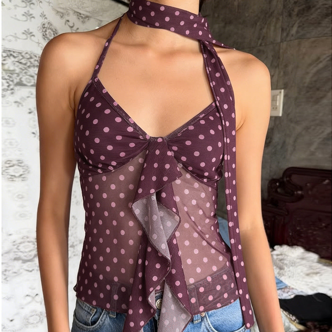 Damen luftiges Haltertop mit verspieltem Punkte-Design und Rüschendetails EB