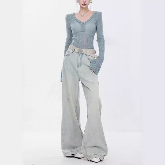 Damen Elegante Weitbein-Jeans mit modischen Akzentuierungen und hohem Bund EB