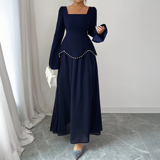 Damen nan elegantes Maxikleid mit quadratischem Ausschnitt, taillierter Schößchen-Passe und Perlenbordüre EB
