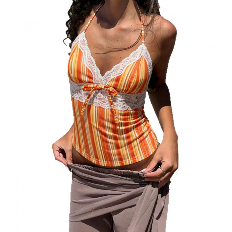 Damen Charmantes Spaghetti-Top mit Spitzenakzenten und Streifenmuster EB