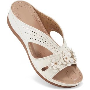 Damen Orthopädische Lederimitat-Pantolette mit Blumen‑Applikation und perforiertem Obermaterial EB