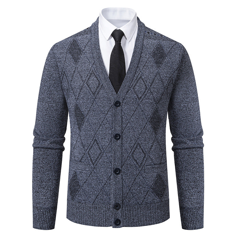 Herren nan feiner Rauten-Strickcardigan mit V-Ausschnitt, Knopfleiste und Eingriffstaschen EB
