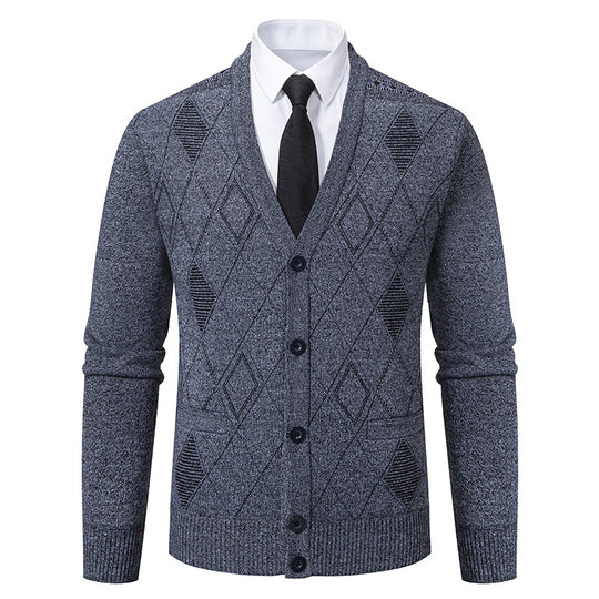 Herren nan feiner Rauten-Strickcardigan mit V-Ausschnitt, Knopfleiste und Eingriffstaschen EB