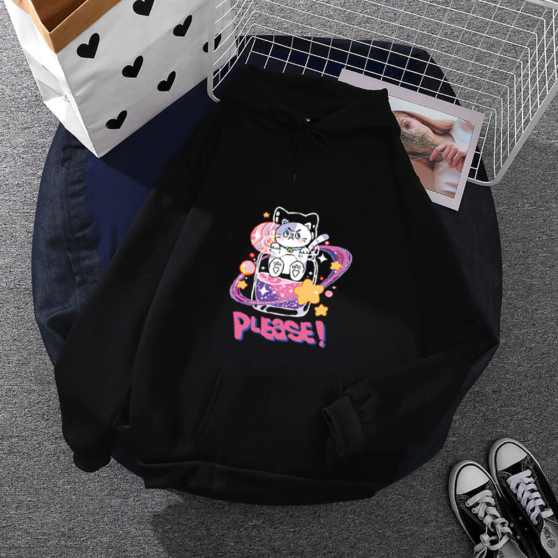 Damen nan oversized Kapuzenpullover im Streetstyle mit weichem Fleece-Innenfutter, Kängurutasche und farbenfrohem Cartoon-Katzen-Planet-Print EB