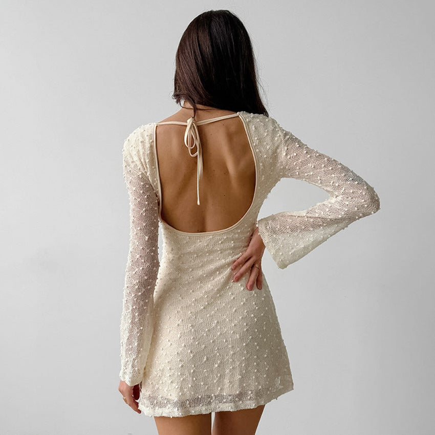 EB | Jacquard Mini Kleid Taillierte Silhouette Rundhals Langarm Rückenfrei mit Schleife