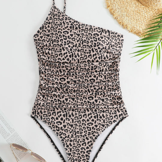 Damen One-Shoulder Badeanzug mit stylischem Animal-Print und femininen Raffungen EB
