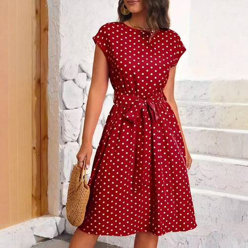 Damen Midikleid mit taillierendem Bindegürtel und verspieltem Polka-Dots Design EB