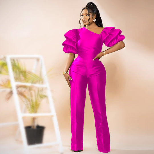 Damen Eleganter Jumpsuit mit asymmetrischen Puffärmeln EB