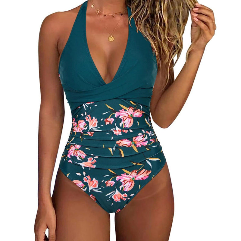 Damen Einteiler-Badeanzug mit knalligem Halterneck und raffiniertem Wickeleffekt EB