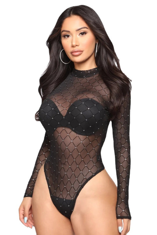 Damen Langärmeliger Bodysuit mit funkelndem Netzdesign EB