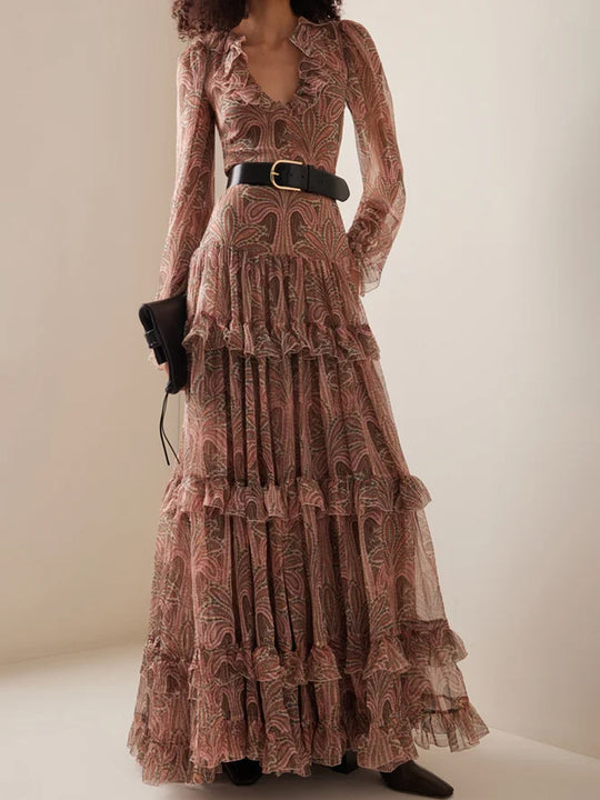Damen Maxikleid mit rüschenverziertem Gewebe und elegantem V-Ausschnitt EB