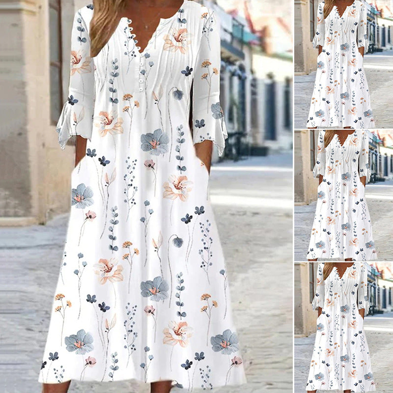 Damen Langärmliges Gartenkleid mit zarten Blumenmuster und Knopfleiste Heidi-Mode