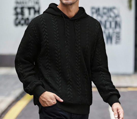 Herren nan strukturiertes Kapuzen-Sweatshirt mit Zopfstrick-Relief, Tunnelzug und Kängurutasche EB