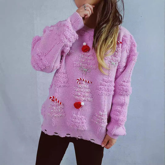 Damen festlicher Pullover mit kreativen Weihnachtsmotiven und strukturiertem Design EB