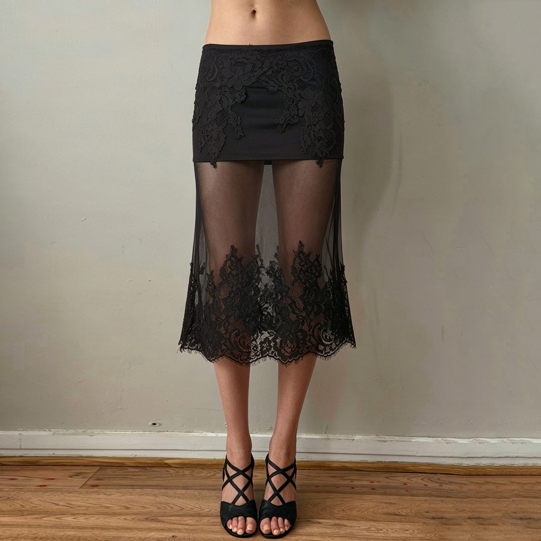 Damen Spitzenrock mit transparentem Unterkleid und verzierten Rüschen EB